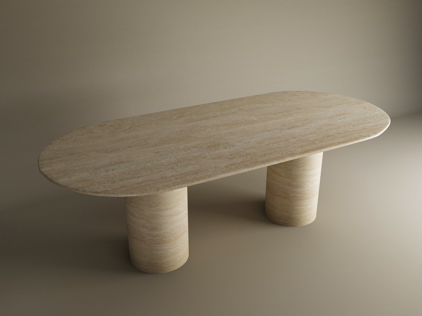 Oval Travertine Dining Table with Smooth Cylinder Base – Pure Travertine Stone Base – Customizable Dining Table