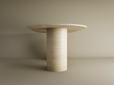 The TRAVERTABLE Oval Travertine Dining Table features a pure travertine stone base in a smooth cylinder shape and a wide oval top, shown in beige against a matching background. Customizable to fit your dining space.