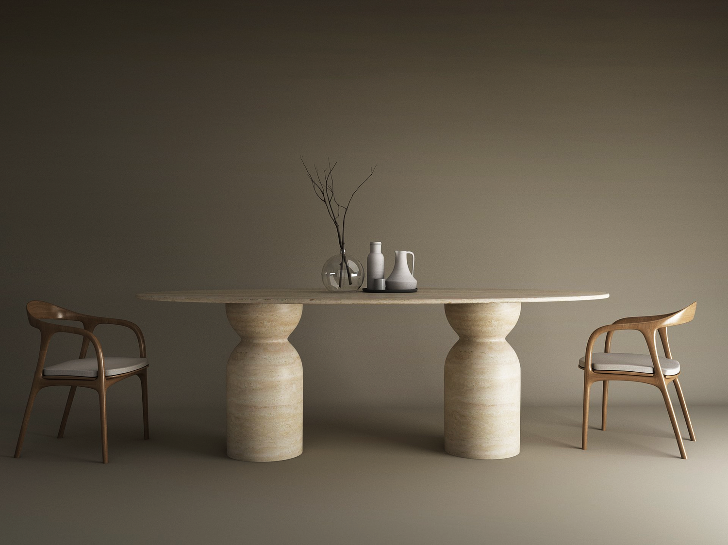 The Ellips Travertine Dining Table by TRAVERTABLE features an organic travertine stone oval top and sculptural round bases, displayed with two wooden chairs with white cushions, three vases, and a glass vessel on a plain neutral background.