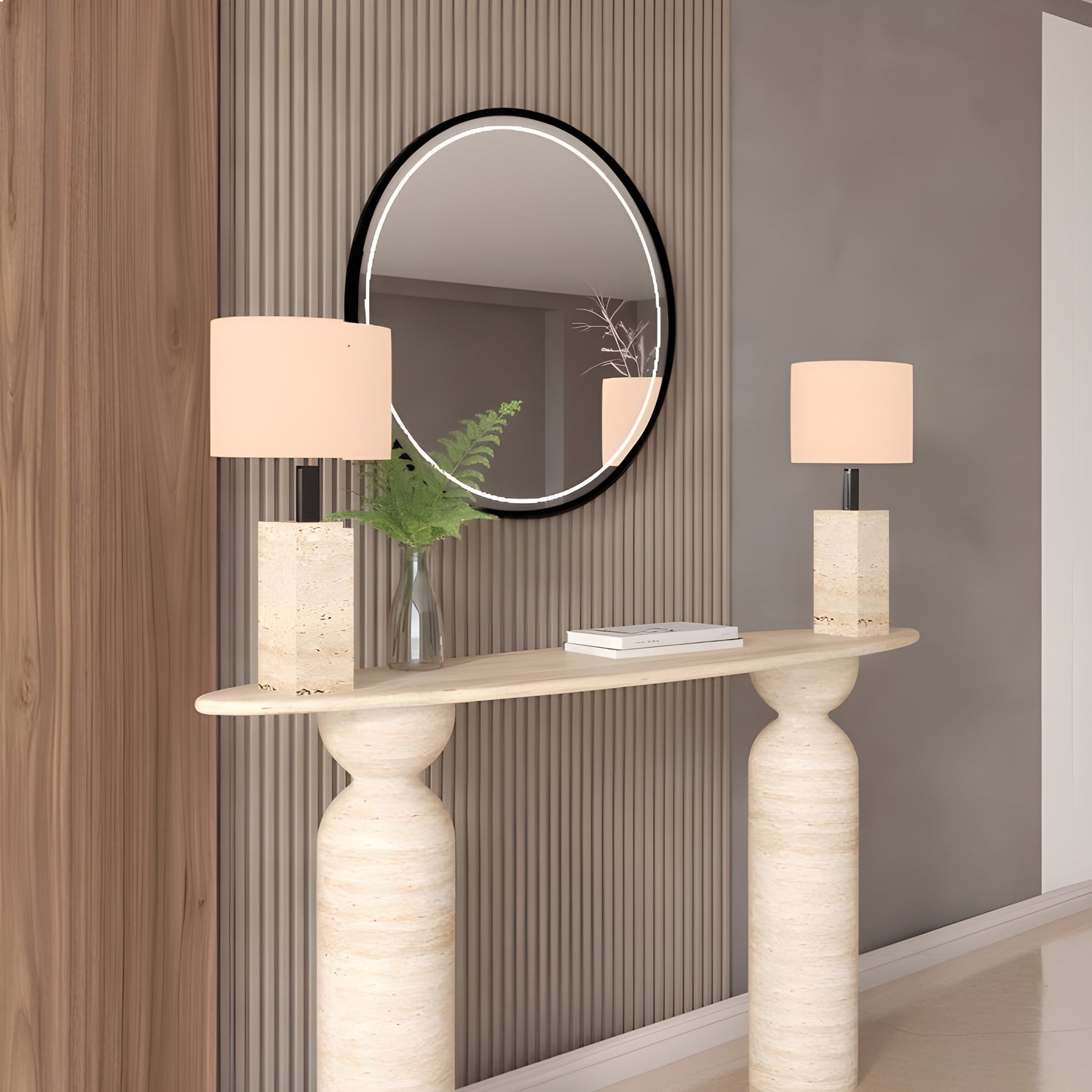 Ellips Travertine Console Table with Sculptural Round Base – Organic Travertine Stone Base