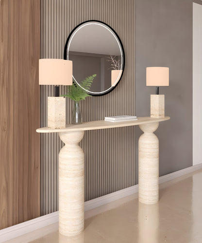Ellips Travertine Console Table with Sculptural Round Base – Organic Travertine Stone Base – Customizable Console Table