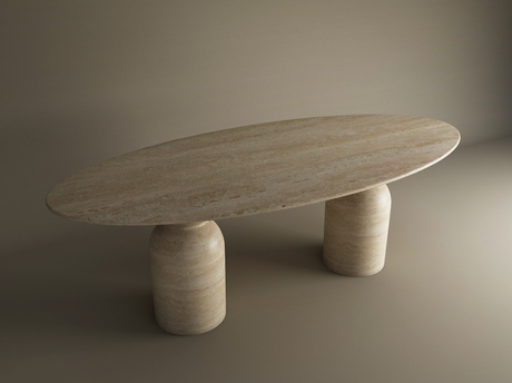The Ellips Travertine Dining Table by TRAVERTABLE features a customizable natural travertine stone top with a sculptural round organic base, all in a matching beige marbled finish, set against a neutral background.