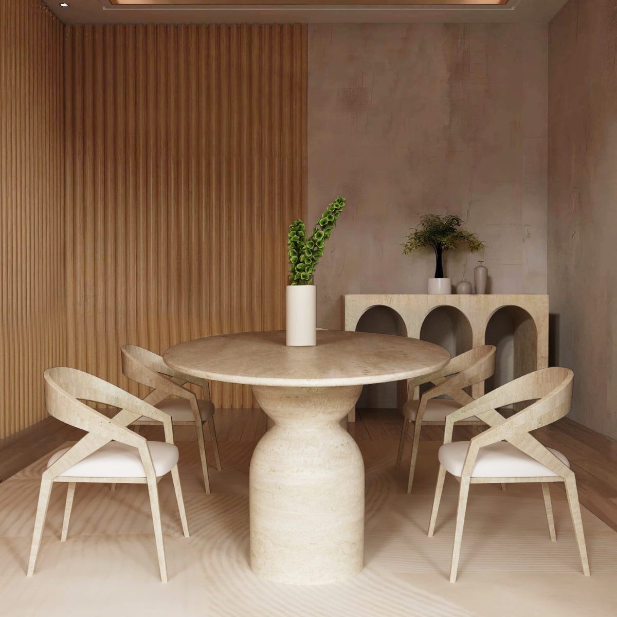 Ellips Travertine Dining Table – Sculptural Round Base – Travertable