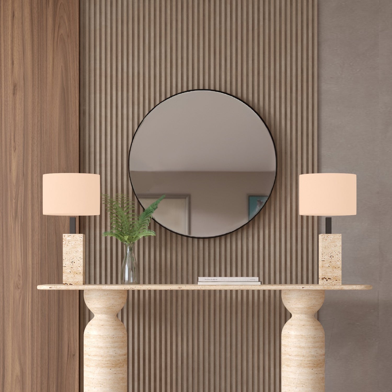 Rectangular Travertine Console Table with Sculptural Round Base – Organic Travertine Stone Base