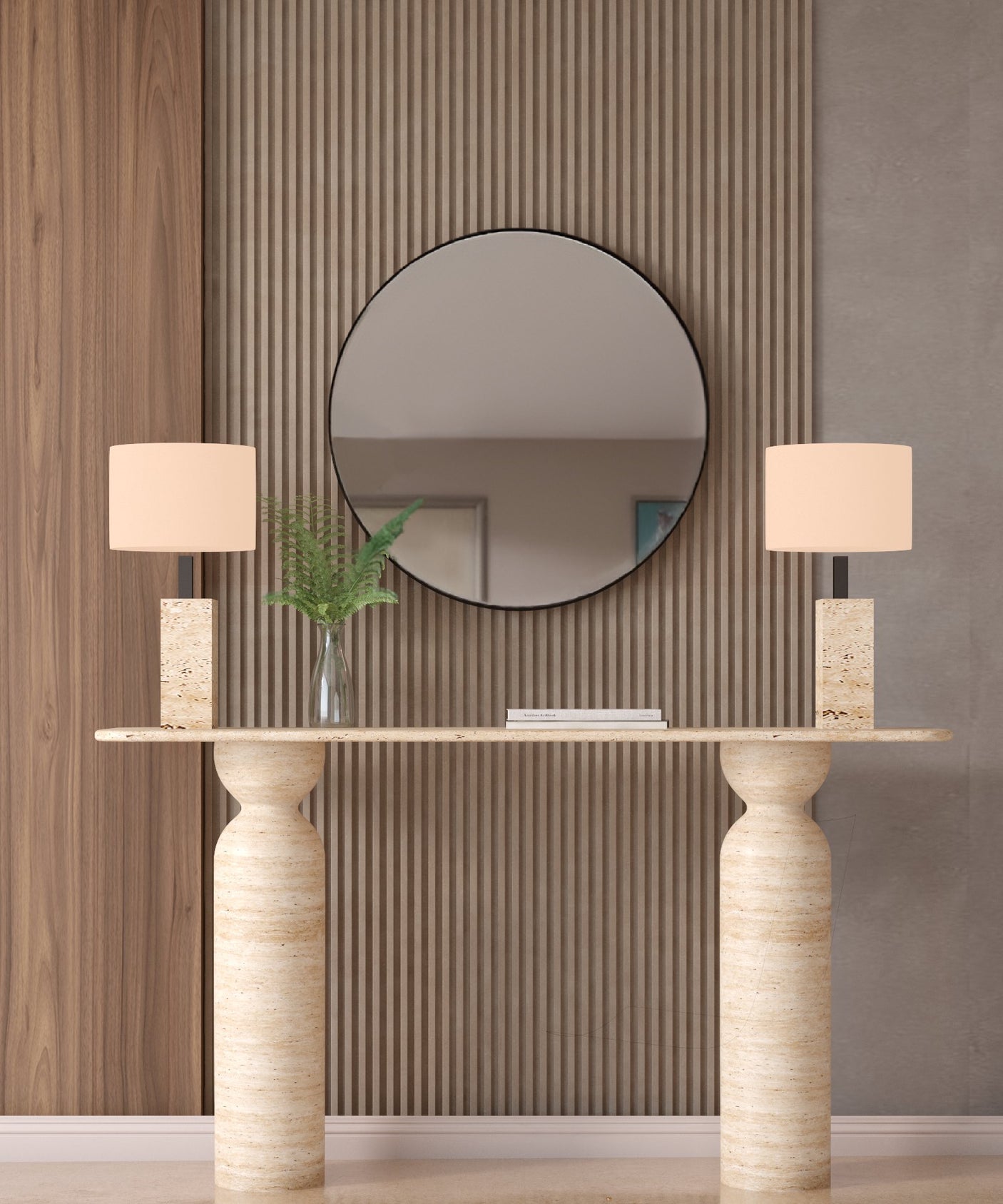 Rectangular Travertine Console Table with Sculptural Round Base – Organic Travertine Stone Base