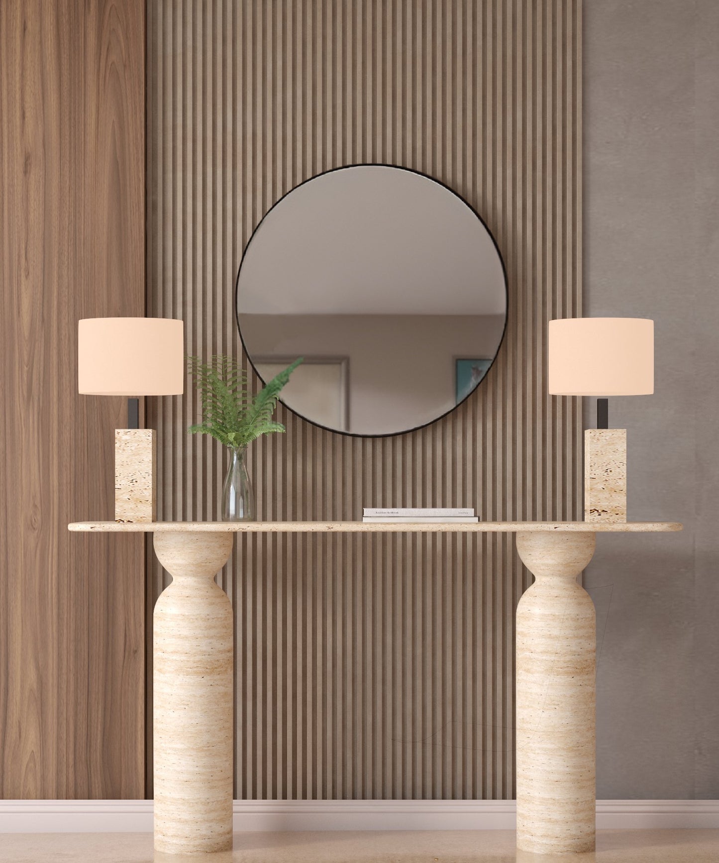 Rectangular Travertine Console Table with Sculptural Round Base – Organic Travertine Stone Base – Customizable Console Table
