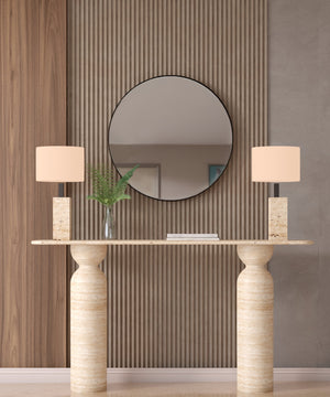 Rectangular Travertine Console Table with Sculptural Round Base – Organic Travertine Stone Base