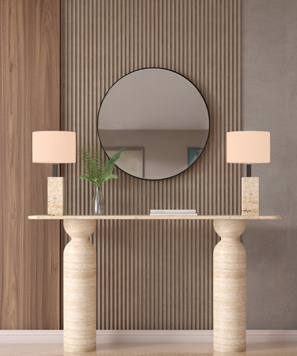 Rectangular Travertine Console Table with Sculptural Round Base – Organic Travertine Stone Base – Customizable Console Table