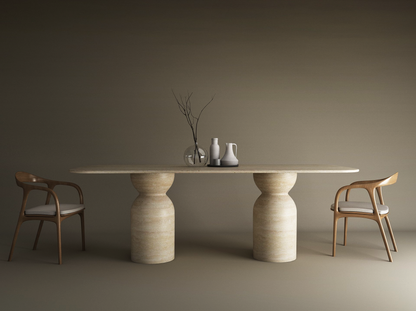 Rectangular Travertine Dining Table with Sculptural Round Base