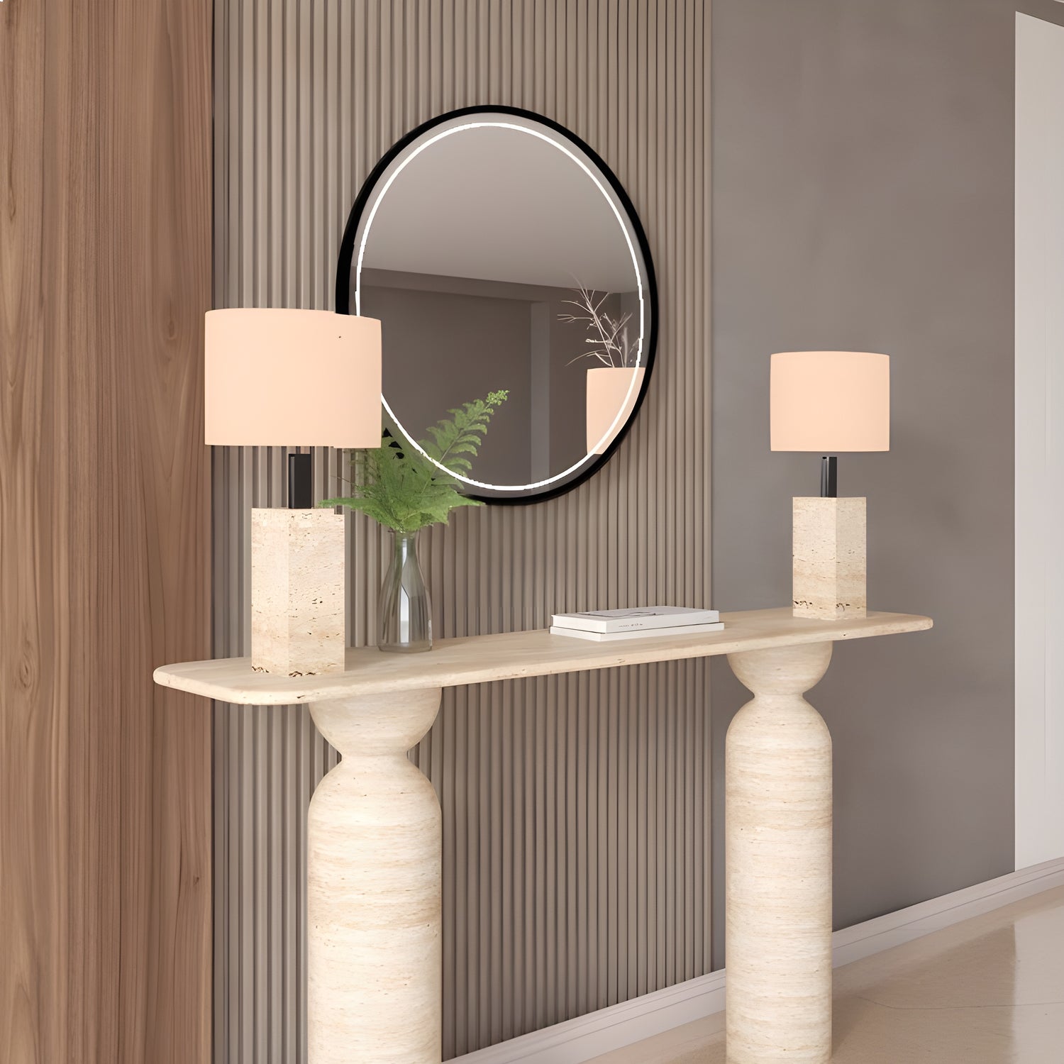 Rectangular Travertine Console Table with Sculptural Round Base – Organic Travertine Stone Base