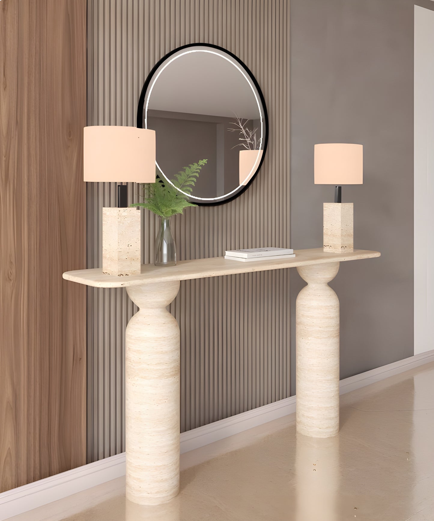 Rectangular Travertine Console Table with Sculptural Round Base – Organic Travertine Stone Base – Customizable Console Table
