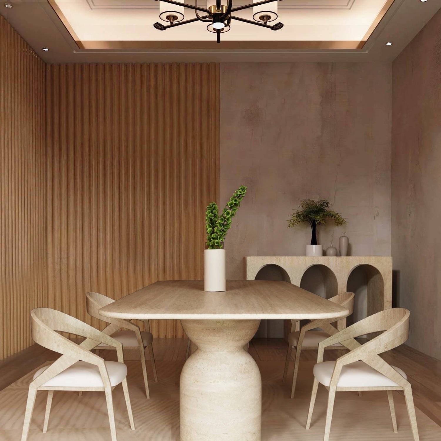 Rectangular Travertine Dining Table with Sculptural Round Base