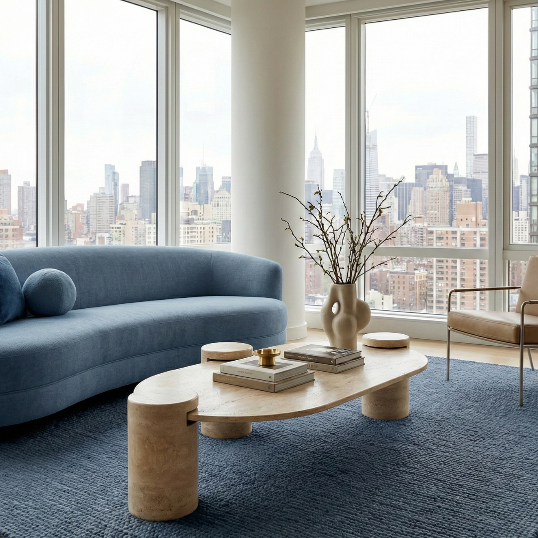 Oval Travertine Coffee Table with Cylindrical Base