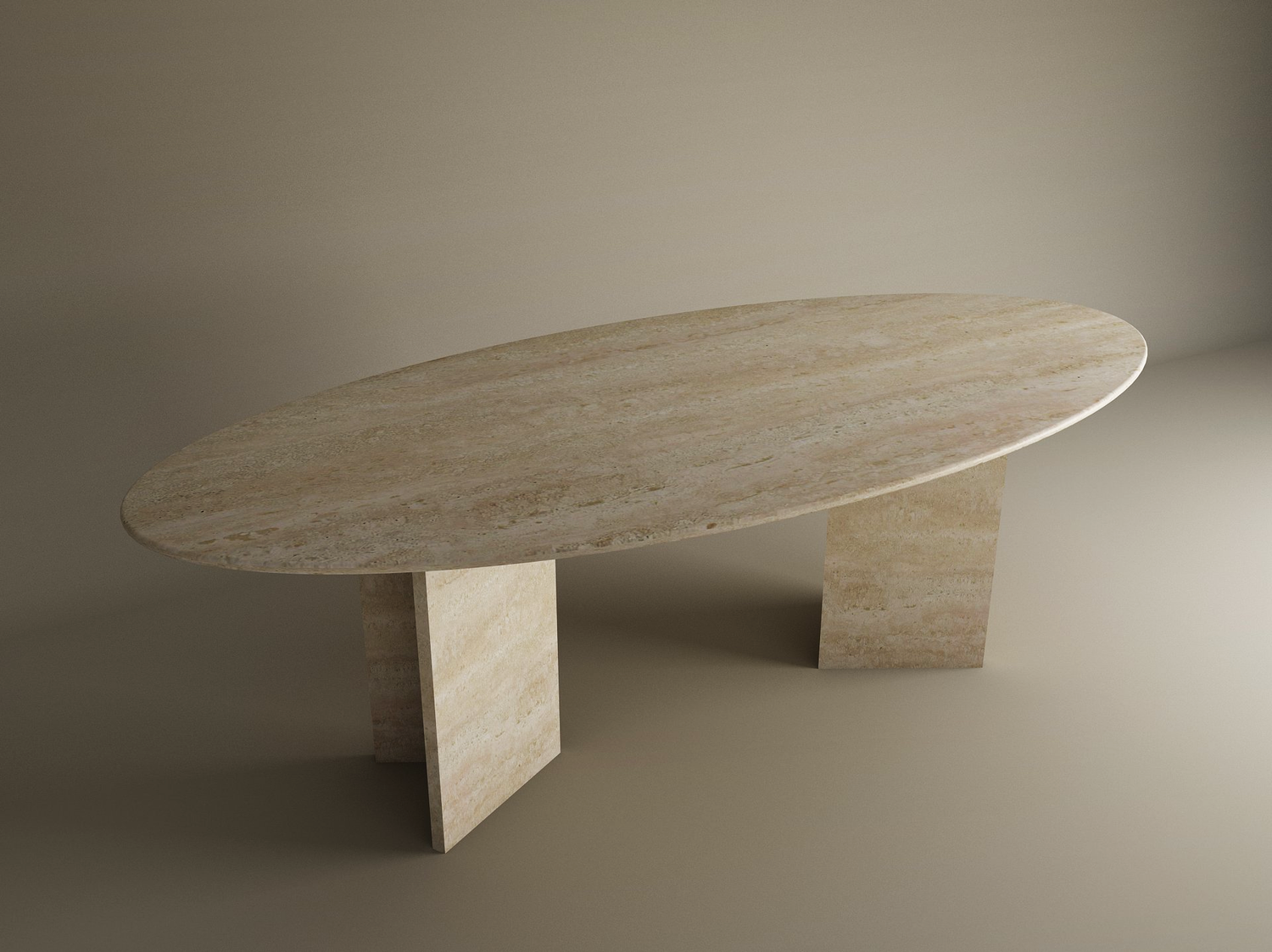 The TRAVERTABLE Ellips Travertine Dining Table features a smooth natural stone oval top and a split-V pedestal travertine base, set against a neutral backdrop—a customizable heirloom piece to elevate any space.