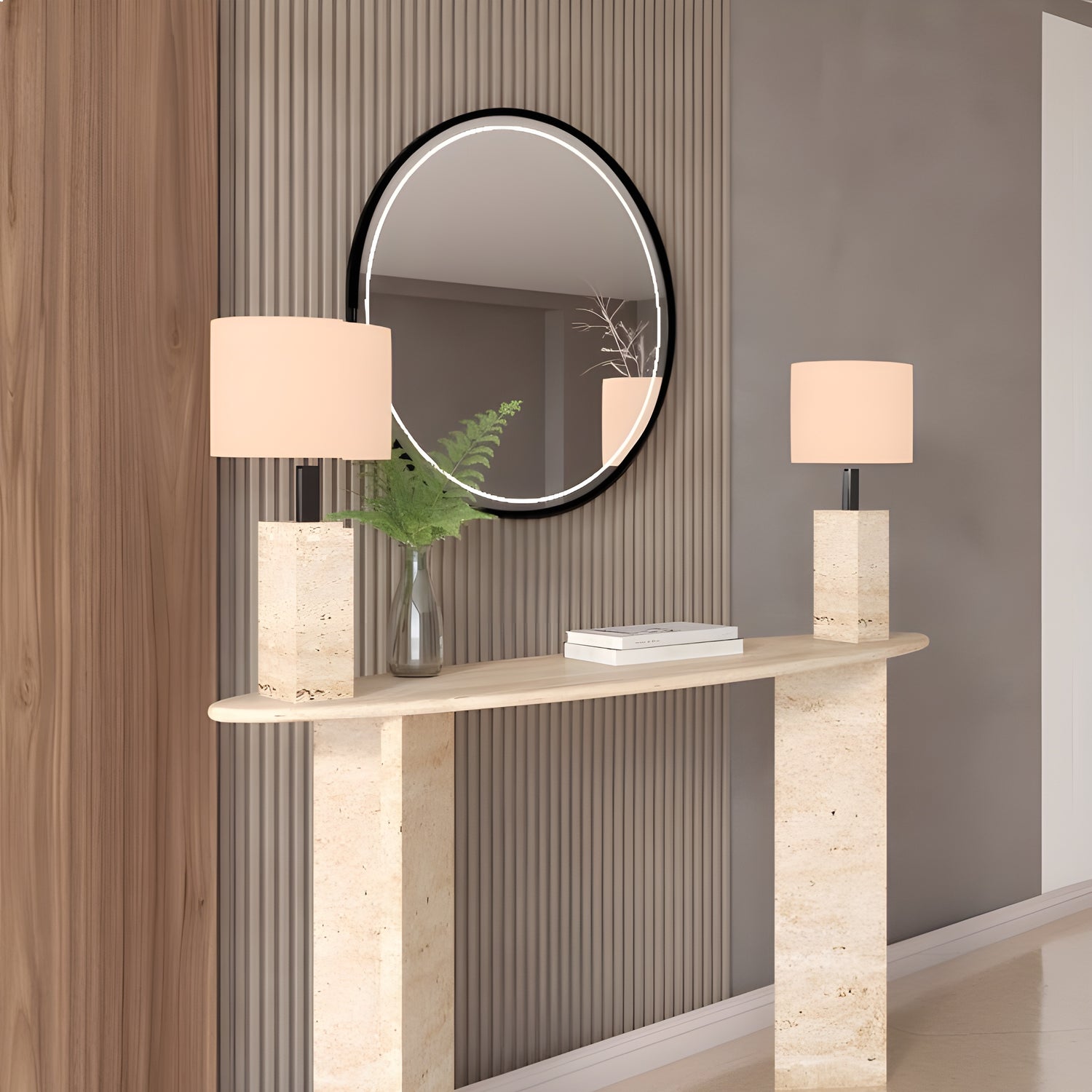 Ellips Travertine Console Table with Split-V Pedestal Base – Travertine Stone Base