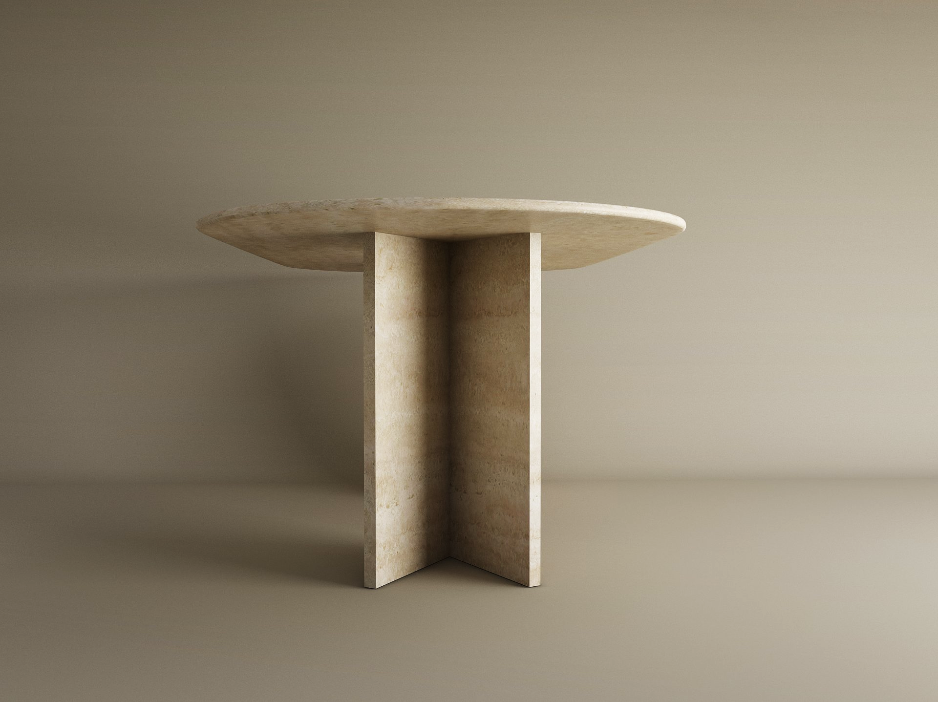 The TRAVERTABLE Oval Travertine Dining Table features a beige travertine stone top and a split-V pedestal base, creating an elegant, customizable centerpiece for minimalist, neutral-toned spaces.