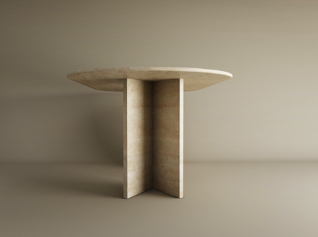 The TRAVERTABLE Oval Travertine Dining Table features a beige travertine stone top and a split-V pedestal base, creating an elegant, customizable centerpiece for minimalist, neutral-toned spaces.