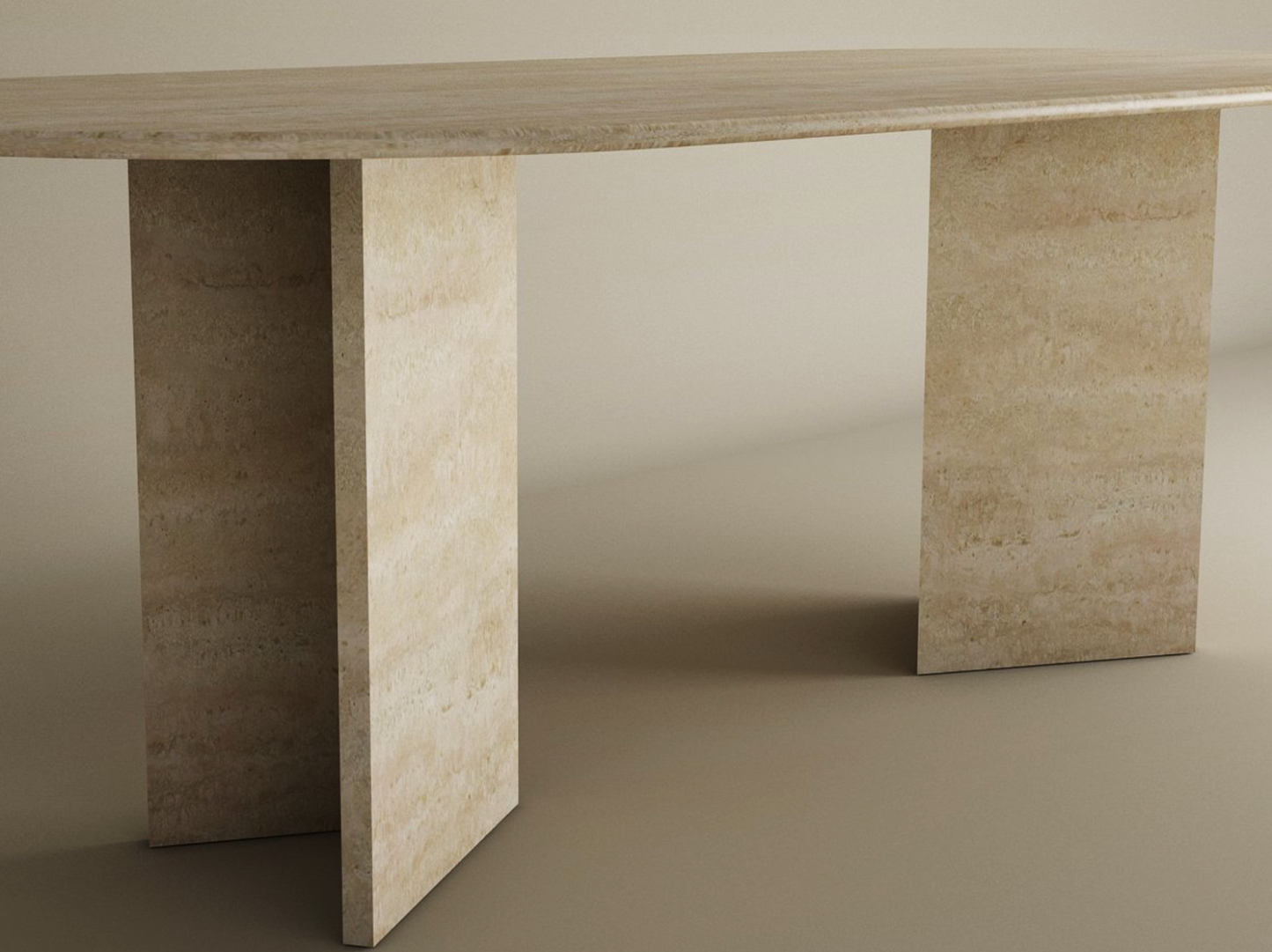 The TRAVERTABLE Oval Travertine Dining Table features a travertine stone base with a split-V pedestal and customizable design—an elegant, polished heirloom piece that elevates any space.