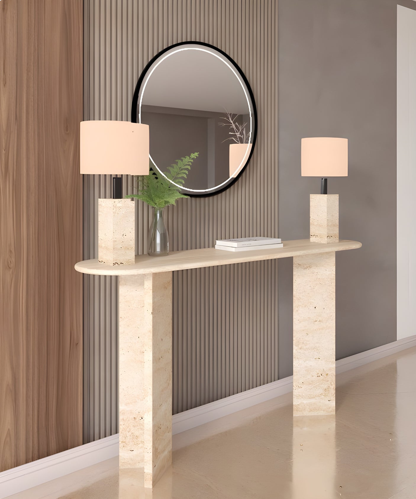 Ovale Travertine Console Table with Split-V Pedestal Base – Travertine Stone Base