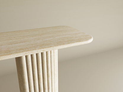 Rectangular Travertine Console Table with Fluted Round Base – Solid Travertine Stone Base – Customizable Console Table
