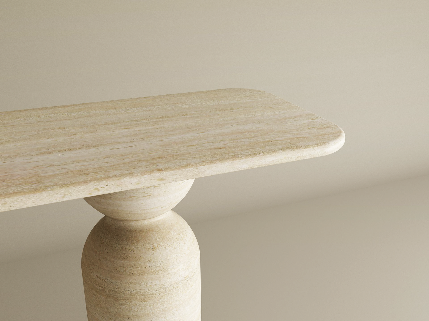 Rectangular Travertine Console Table with Sculptural Round Base – Organic Travertine Stone Base – Customizable Console Table