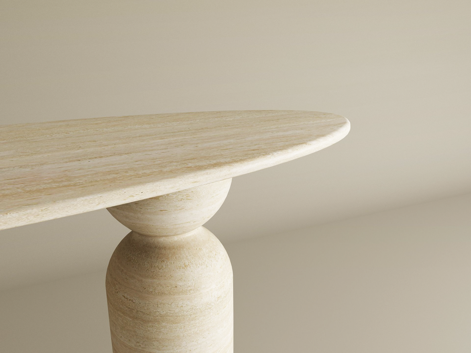 Ellips Travertine Console Table with Sculptural Round Base – Organic Travertine Stone Base