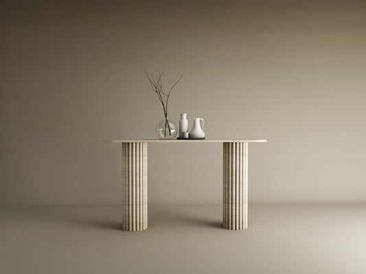 Ovale Travertine Console Table with Vertical Groove Base – Organic Stone Base – Customizable Console Table