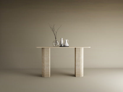 Rectangular Travertine Console Table with Fluted Round Base – Solid Travertine Stone Base – Customizable Console Table
