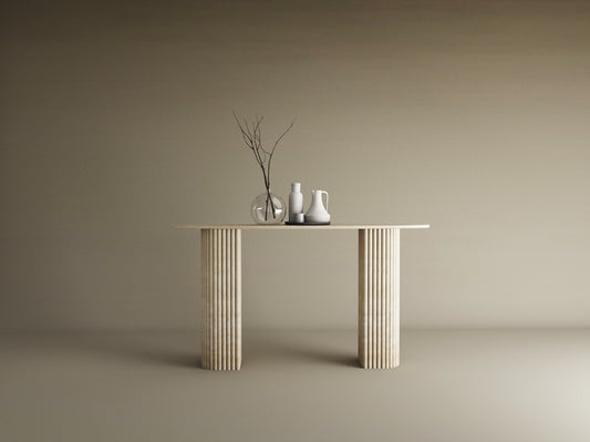 Ellips Travertine Console Table with Fluted Round Base – Solid Travertine Stone Base – Customizable Console Table