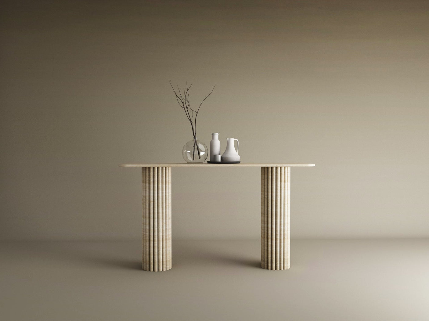 Rectangular Travertine Console Table with Vertical Groove Base – Organic Stone Base