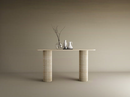 Rectangular Travertine Console Table with Vertical Groove Base – Organic Stone Base – Customizable Console Table