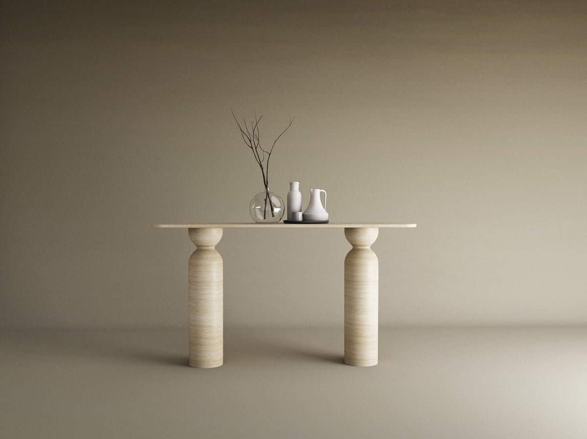 Rectangular Travertine Console Table with Sculptural Round Base – Organic Travertine Stone Base