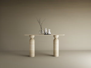 Rectangular Travertine Console Table with Sculptural Round Base – Organic Travertine Stone Base