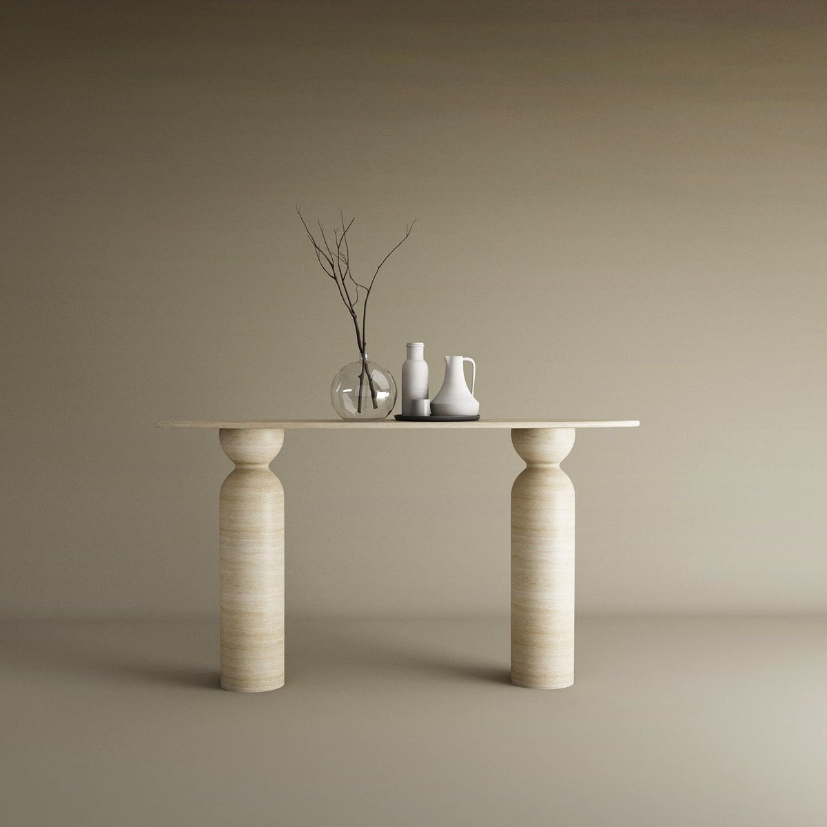 Ellips Travertine Console Table with Sculptural Round Base – Organic ...