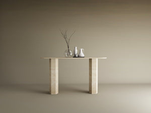 Ovale Travertine Console Table with Hexagonal Pedestal Base – Organic Stone Base