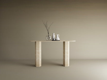 Ovale Travertine Console Table with Hexagonal Pedestal Base – Organic Stone Base – Customizable Console Table