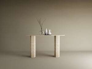 Ellips Travertine Console Table with Hexagonal Pedestal Base – Organic Stone Base