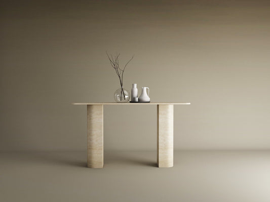 Rectangular Travertine Console Table with Sloped Pedestal Base – Natural Stone Base – Customizable Console Table