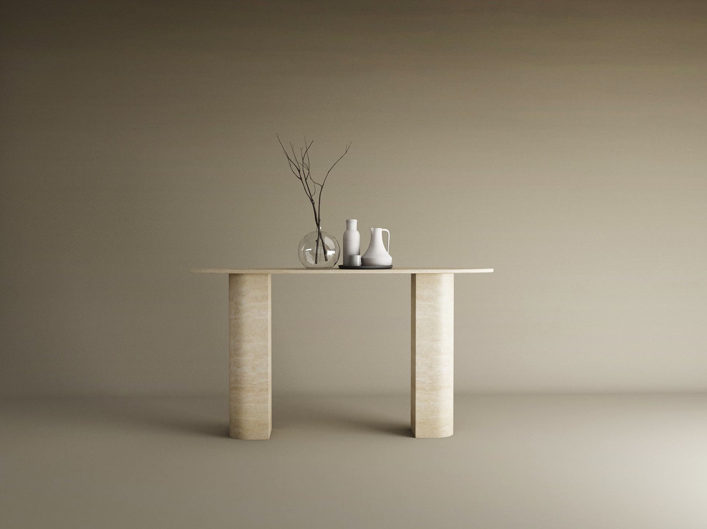 Ellips Travertine Console Table with Sloped Pedestal Base – Natural Stone Base – Customizable Console Table