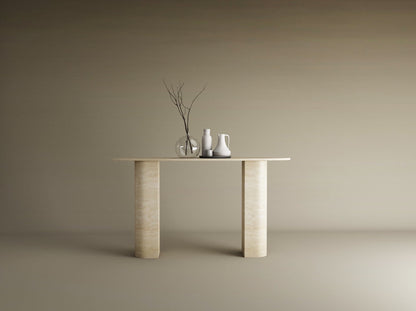 Ellips Travertine Console Table with Sloped Pedestal Base – Natural Stone Base – Customizable Console Table