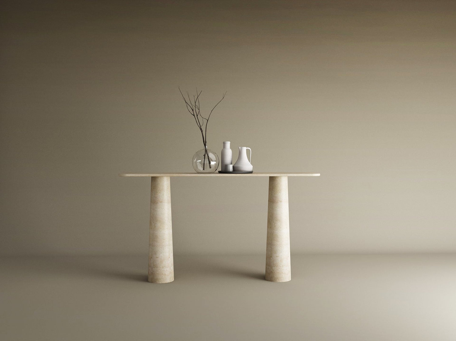 Rectangular Travertine Console Table with Conical Pedestal Base – Organic Travertine Stone Base – Customizable Console Table