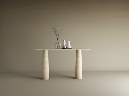 Rectangular Travertine Console Table with Conical Pedestal Base – Organic Travertine Stone Base – Customizable Console Table