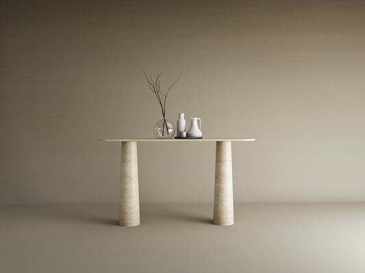 Ovale Travertine Console Table with Conical Pedestal Base – Organic Travertine Stone Base – Customizable Console Table