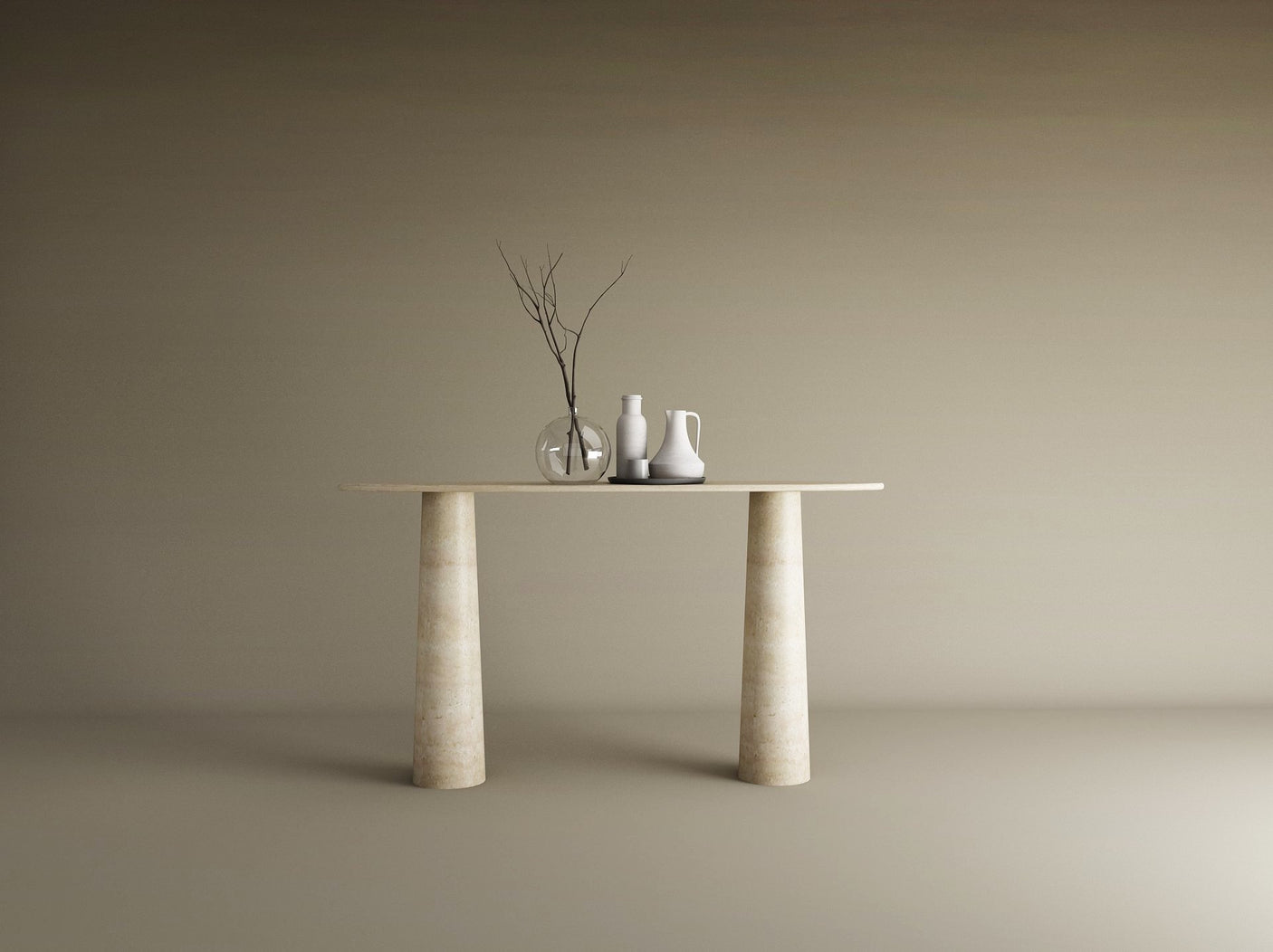 Ellips Travertine Console Table with Conical Pedestal Base – Organic Travertine Stone Base