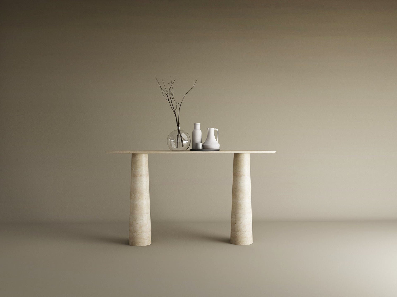 Ellips Travertine Console Table with Conical Pedestal Base – Organic Travertine Stone Base – Customizable Console Table