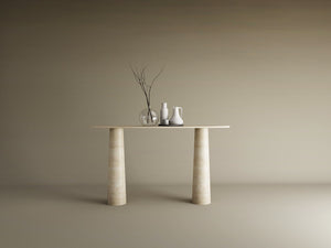Ellips Travertine Console Table with Conical Pedestal Base – Organic Travertine Stone Base