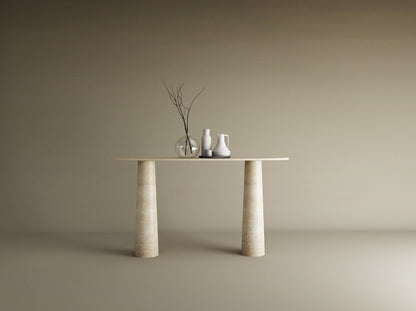 Ellips Travertine Console Table with Conical Pedestal Base – Organic Travertine Stone Base – Customizable Console Table