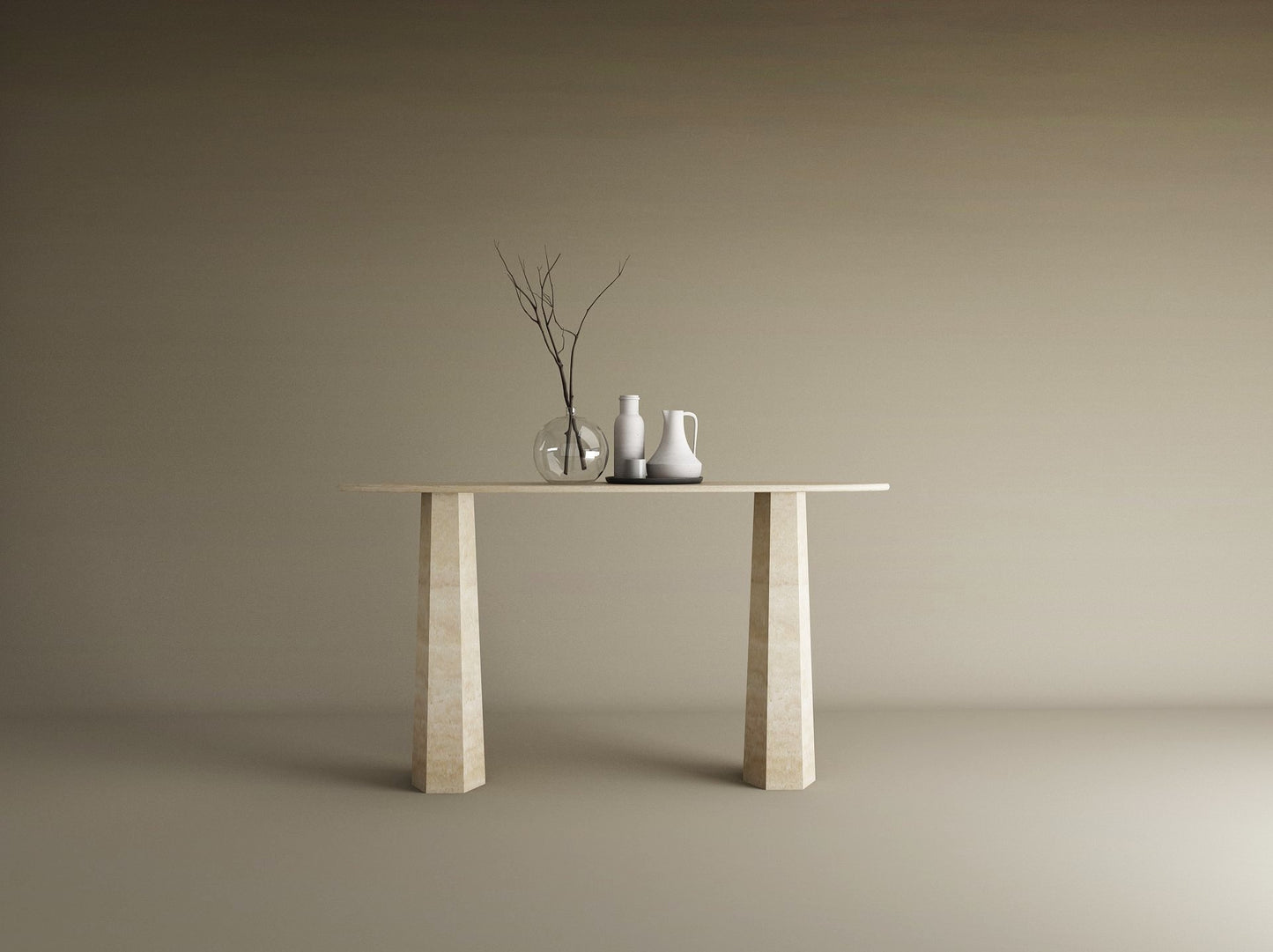 Ellips Travertine Console Table with Tapered Round Base – Solid Travertine Stone Base – Customizable Console Table