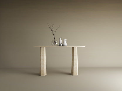 Ellips Travertine Console Table with Tapered Round Base – Solid Travertine Stone Base – Customizable Console Table