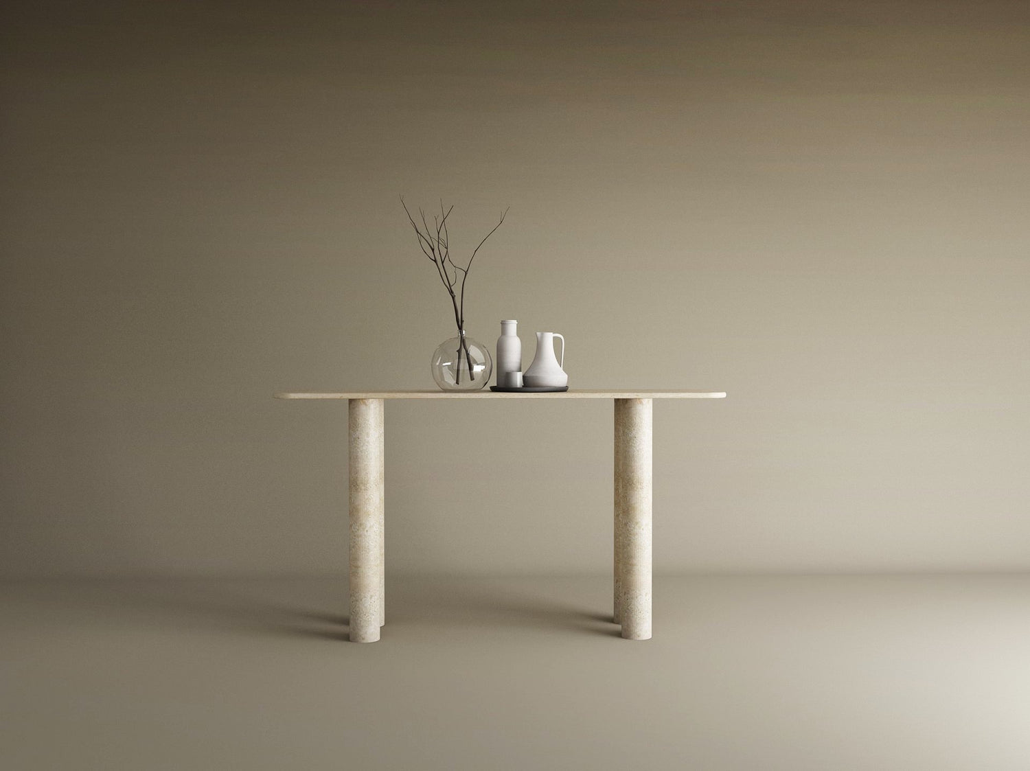 Rectangular Travertine Console Table with Cylindrical Base – Pure Travertine Stone Base – Customizable Console Table